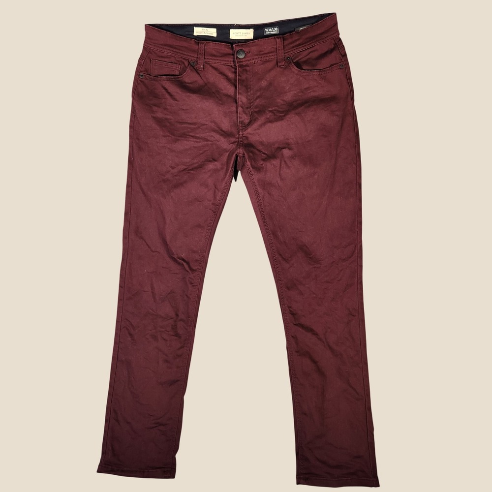 Scott James Slim Fit Pants Mens 34x30 Burgundy Excellent Stretch Chino Trousers